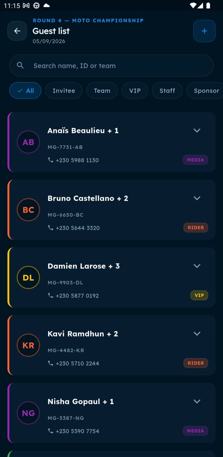 The guest list, showing invite codes, companion counts and colour-coded access roles.