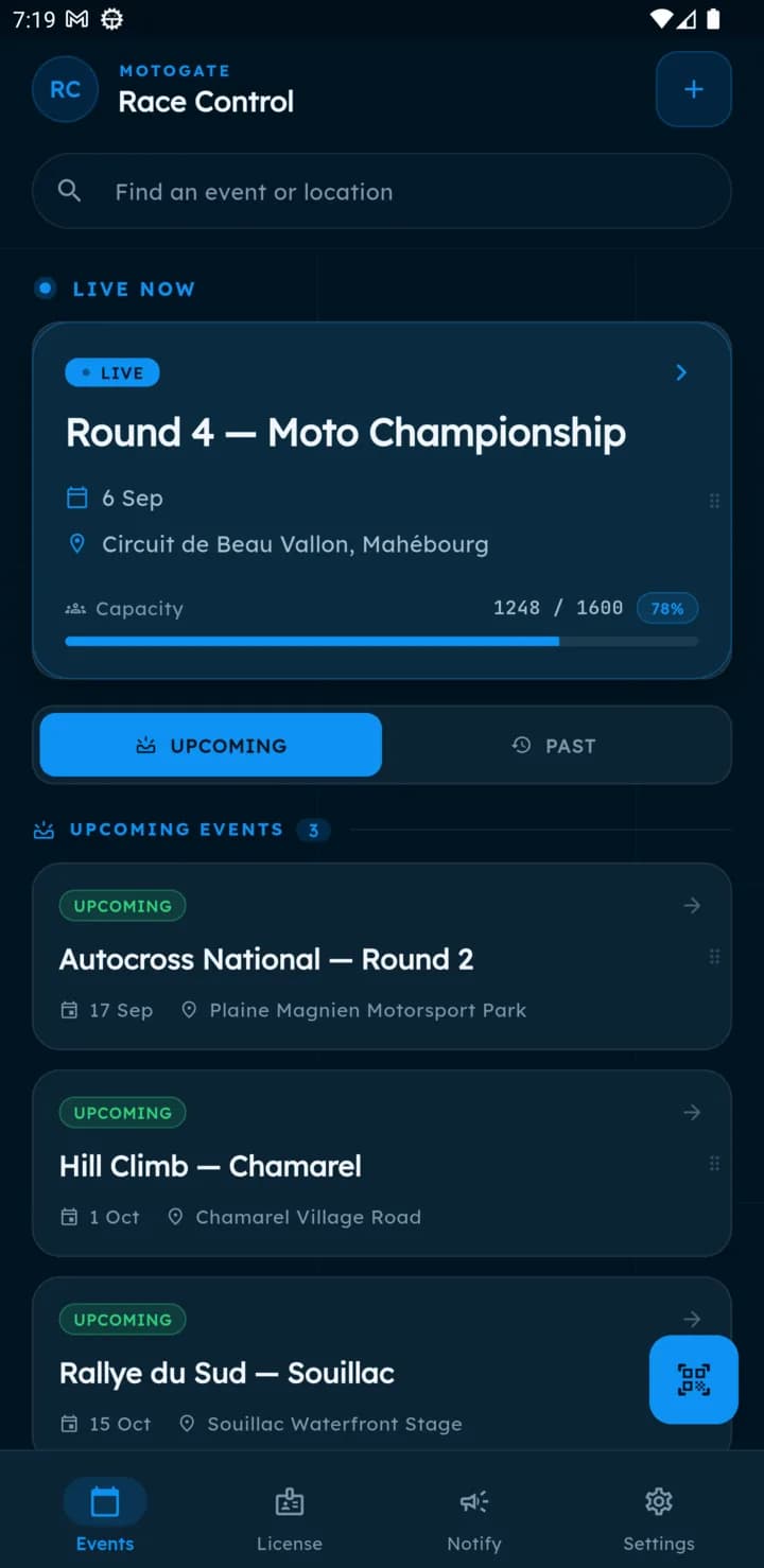 The MotoGate event list with one round live: 1,248 of 1,600 admitted on a 78 percent capacity bar, and the next rounds below it.